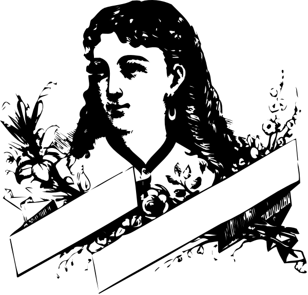 The black and white illustration features a woman with long hair wearing an earring; she is holding what appears to be flowers in her left hand while standing against a dark background that has some decorative elements at its corners, possibly representing leaves or other floral motifs.