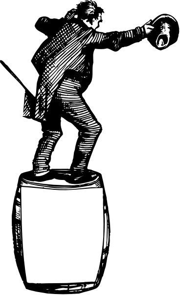 The black and white illustration shows a man riding on top of an object that resembles a cannonball with wheels in front; he is holding onto something above him while looking down at it.