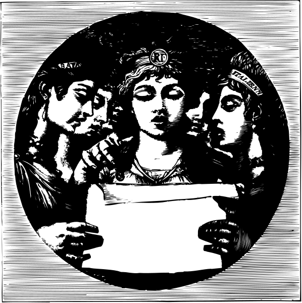 The black and white illustration shows a group of classical figures with stylized features; there is an open scroll held by one figure in front of them all, suggesting discussion or sharing information among themselves.