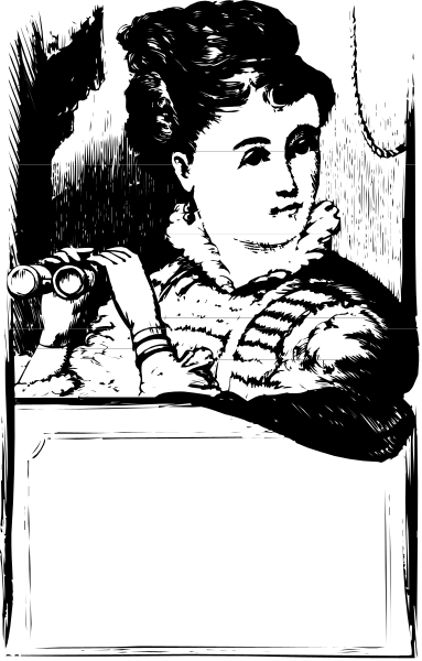 The black and white photo shows a woman holding binoculars with her right hand while looking through them towards something out of frame to her left.