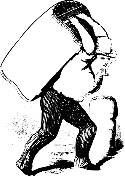 The black and white illustration shows a horse carrying an object on its back while walking forward with four legs visible against what appears to be a dark background.