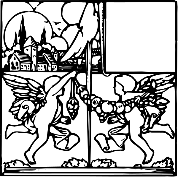 The black and white illustration depicts a scene with two cherubs holding hands while standing on either side of an angel statue; in front of them is a castle-like structure under a blue sky dotted with clouds, suggesting it's daytime or early evening.