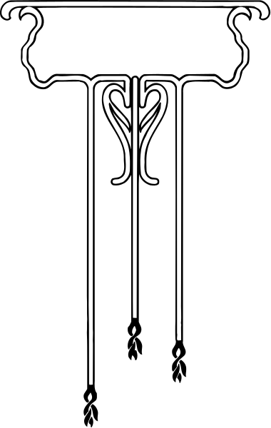 The black and white image shows a stylized graphic of an abstract design with vertical lines that resemble architectural elements such as columns or pillars on either side, connected by horizontal bars at top forming what appears to be a canopy-like structure in between them.