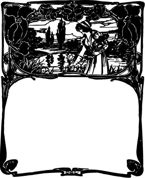 The black and white illustration depicts a woman standing on grass next to water with trees behind her; she is holding flowers in one hand while looking at something off-frame.
