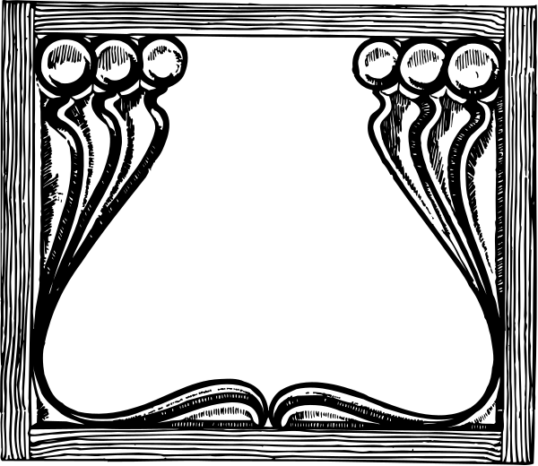 The black and white illustration shows a wooden frame with an open book on top of it inside what appears to be a window-like structure.