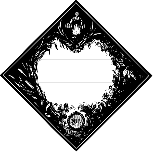 The black and white illustration shows two diamond shapes with intricate designs inside them against a dark background; each shape contains different patterns including floral motifs, leaves, branches, vines, and what appears to be an emblem in one of the diamonds that resembles a shield or crest.