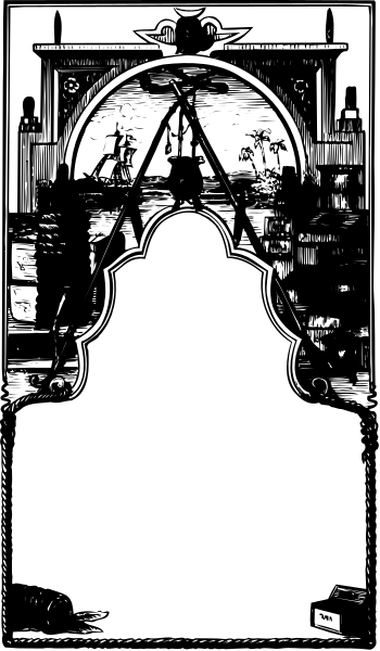 The black and white illustration shows a scene with an astronomer at his telescope observing celestial bodies through it while standing in front of a large archway that has some sort of emblem on top, possibly indicating scientific exploration or discovery.