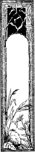 The image shows a tall window with an intricate design on it placed inside what appears to be a building; there is no text present in this clip-art version of the artwork.