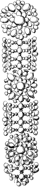 The image shows a black and white strip with various shapes that resemble dots of different sizes arranged vertically down its center.