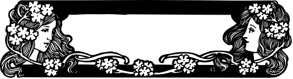 The black and white illustration features a decorative border with floral patterns on either side of what appears to be an emblem in the center that includes two faces facing each other above stylized leaves; there is no text present, suggesting it might serve as a header or banner for some content.