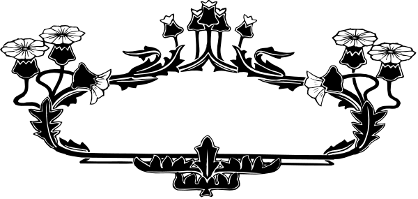 The black and white embroidered banner features a floral design with flowers on either side of an intricate centerpiece that includes what appears to be a castle-like structure surrounded by water.