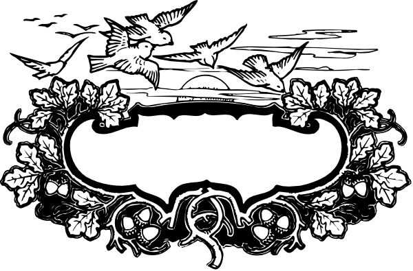 The black and white illustration features a decorative border with floral patterns at both ends, an intricate design resembling a shield in between adorned by birds perched on it, above which there is text that reads "GOD BLESS," set against a backdrop of what appears to be night sky.