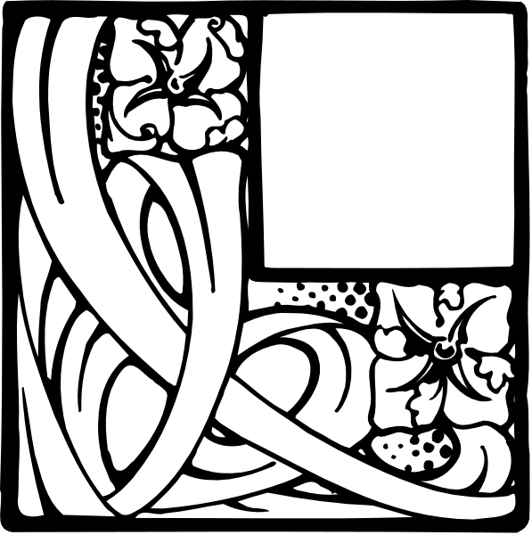 The black and white illustration features a stylized design with intricate patterns that resemble Celtic knotwork; it includes swirling lines forming abstract shapes within an enclosed border.