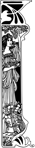 The black and white illustration shows a vertical strip with various decorative elements such as patterns, shapes, textures, and possibly some lettering at its top right corner; it is set against an unidentified background that does not provide any additional context about setting or action taking place within the image.