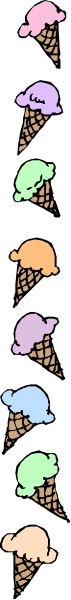 The image shows a sequence of ice cream cones with different flavors lined up vertically against a gray background.