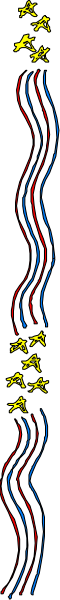 The image shows a gray background with two lines of stars on either side forming an arc over what appears to be a roadway in red and blue stripes against a black backdrop.