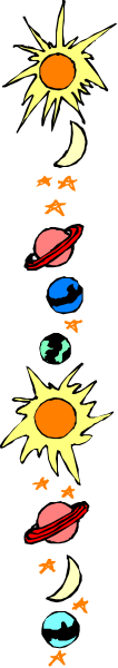 The image shows a row of colorful cartoon planets with stars around them against a dark background at nighttime.
