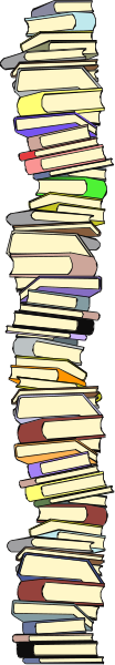 The image shows a vertical strip of various books with different spines lined up next to each other against a dark background.