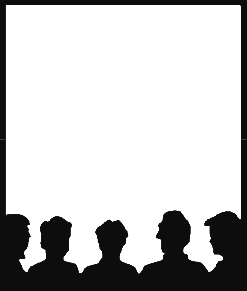 The black silhouette of a group of four individuals standing side by side against an empty background with no discernible features to identify them as anything other than human figures in profile view.