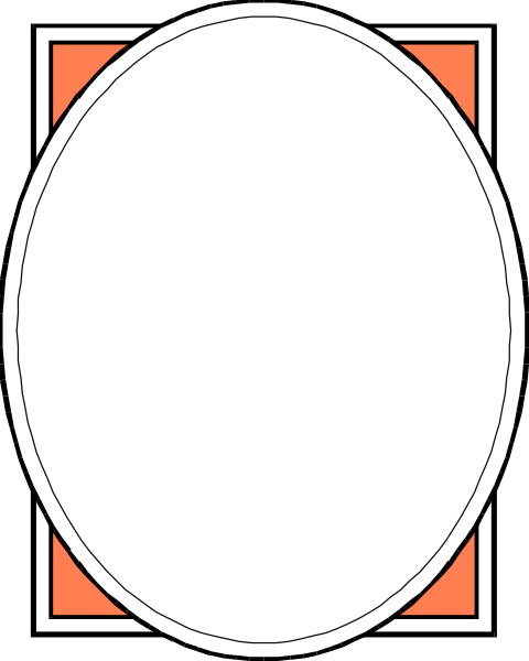 The image shows a simple white oval with an orange border on top of what appears to be a black background within another larger rectangle that has red borders at its corners.
