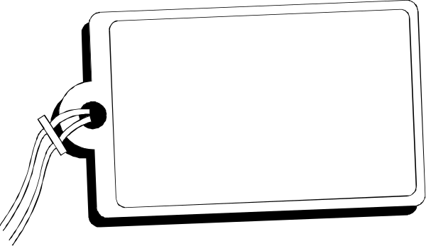 The black and white illustration shows a tag with two holes at its top for attachment purposes; it is placed on an unseen surface against a gray background.