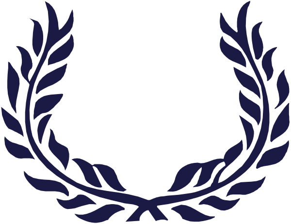 The image shows a logo with two laurel wreaths on either side of an emblem that resembles a shield-like shape in navy blue color against a white background; there is no text present within this clip-art graphic.