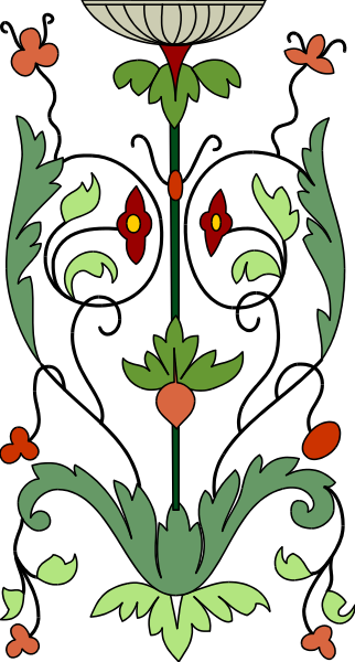 The image shows a decorative embroidery pattern with floral motifs on what appears to be fabric.