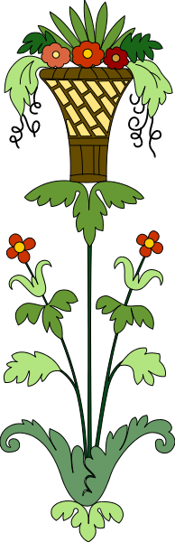 The image shows a decorative wall hanging with an illustration of flowers at its base, flanked by two vases filled with plants on either side; above these elements is a basket containing more greenery and red berries.