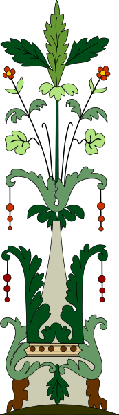 The image shows a stained glass window with floral designs on either side of an archway featuring two towers connected by what appears to be a bridge-like structure in between them; there is no text present within this small clip-art image.