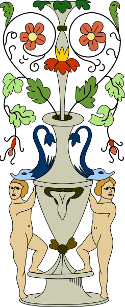 The image shows a decorative vase with two naked figures on it; there is also an intricate floral design above them that includes flowers in various shades of green and red.