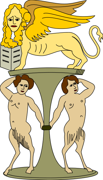 The illustration depicts a classical scene with two figures that appear to be nude men standing on either side of an obelisk-like structure; one figure is holding what seems like a book while both have their heads turned towards each other, and above them flies a golden eagle emblem.