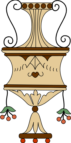 The image shows a vase with an intricate design on top of it, placed against a dark background that has some red elements at its bottom right corner.