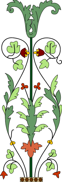 The image shows a decorative wall hanging with an intricate design featuring floral patterns on both sides of what appears to be a vertical column-like structure in between them; it is set against a plain background, and there's no text present within this small clip art piece.