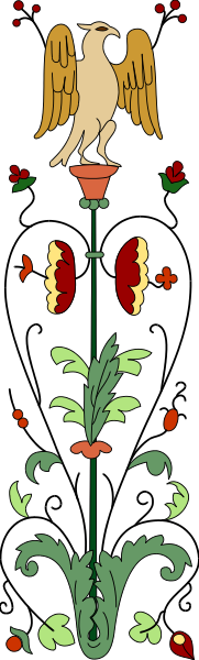 The image shows a decorative tapestry with an emblem featuring two birds on either side of a shield-like design in the center; above this central motif is a small bird perched atop what appears to be a flowering plant, and below it there's another smaller floral element.