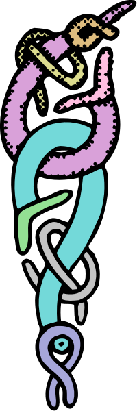 The image shows a stylized graphic of an abstract design with various shapes that resemble letters forming part of a word; it is set against a dark background.