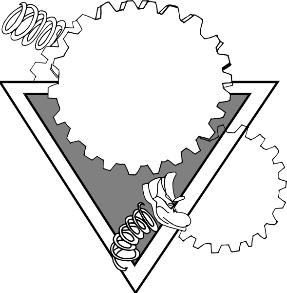 The black and white illustration shows a triangular diagram with two distinct scenes: on top is an exploded view of what appears to be gears in motion; below it is another scene depicting springs, suggesting mechanical energy being released from one system into another.