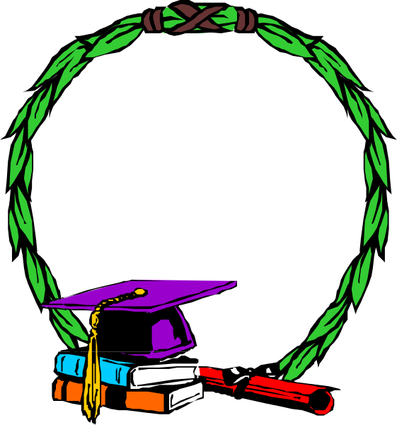 The image shows a black circle with an illustration of graduation items inside it: books on top left corner; mortarboard in center right side; laurel wreath at bottom edge surrounding all elements, and red tassel hanging from cap's peak.