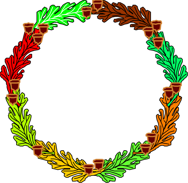 The image shows a circular wreath with red flowers at its center encircled by laurel leaves on top of which there is an arrangement resembling candles in various shades of orange, yellow and green.