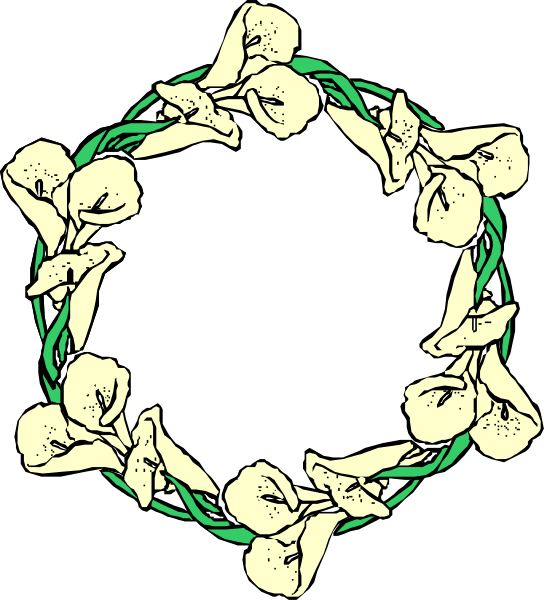The image shows a wreath of white flowers with green leaves arranged around an oval shape that resembles a flower bed in black and white tones.