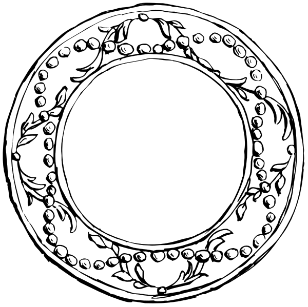The black and white illustration shows two circular designs: a round wreath with leaves at its base on top of an oval platter featuring concentric circles around it; both have intricate patterns within them, suggesting decorative elements such as beads or embossed details.