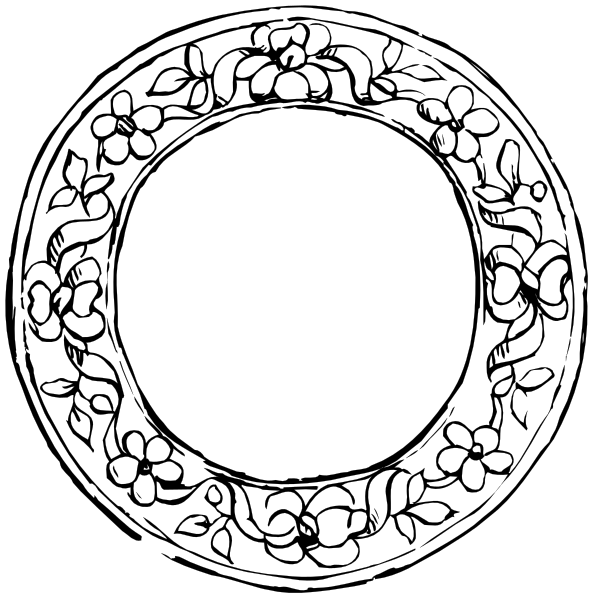 The black and white illustration shows a circular wreath with floral designs surrounding an empty center where there is no text present in it.