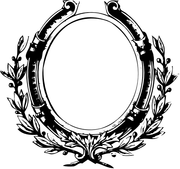 The black and white illustration features a circular frame with an oval cutout at its center, surrounded by decorative elements such as leaves on either side of the circle's border.