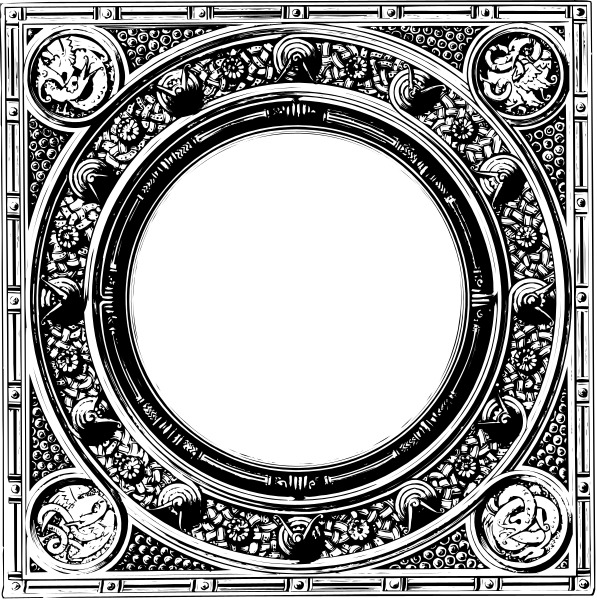 The black and white illustration shows a decorative oval frame with intricate designs around it, resembling classical architecture elements such as scrollwork and floral patterns within an elaborate border that includes various motifs like leaves and flowers on either side of the central circle.