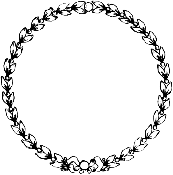 The image shows a black circle with white laurel leaves around it on top of another similar but smaller circular design that is also adorned by more small leaf patterns in between two larger ones at its center, all set against a dark background.