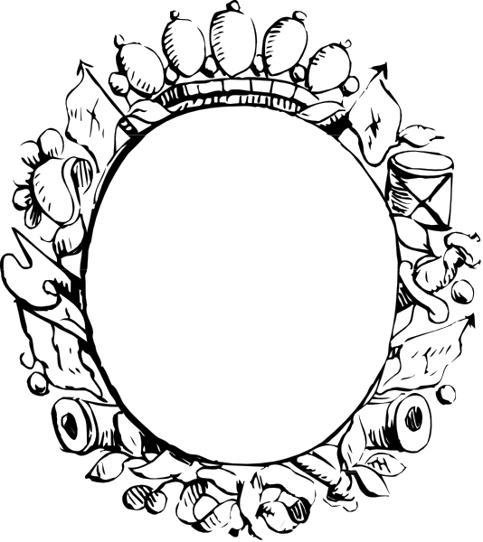 The black and white illustration shows a circular object with various items around it that appear to be musical instruments such as drums, guitars, violins, etc., suggesting an artistic representation of music production equipment in a studio setting.
