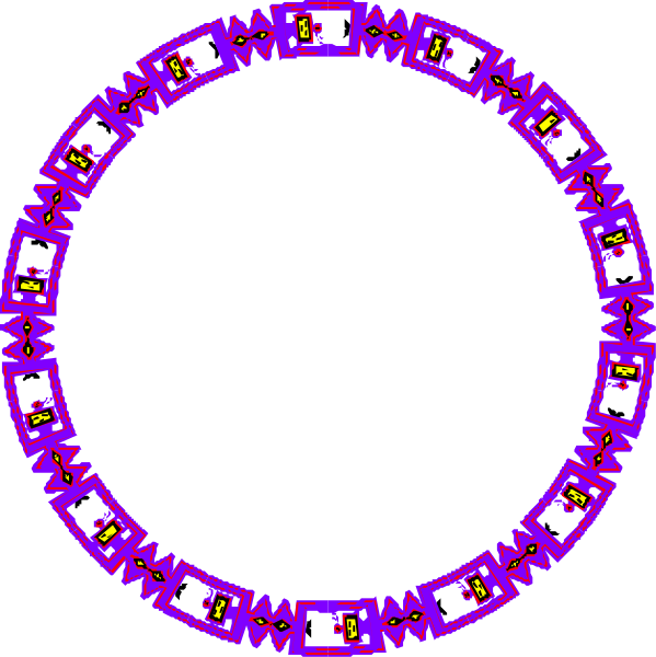 The image shows a circular object with multiple purple rings connected by yellow lines forming an intricate pattern against a black background.