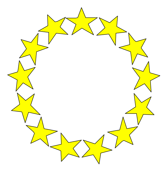 The image shows a black background with yellow stars forming an eight-pointed starburst pattern around what appears to be a white circle in the center of the composition.