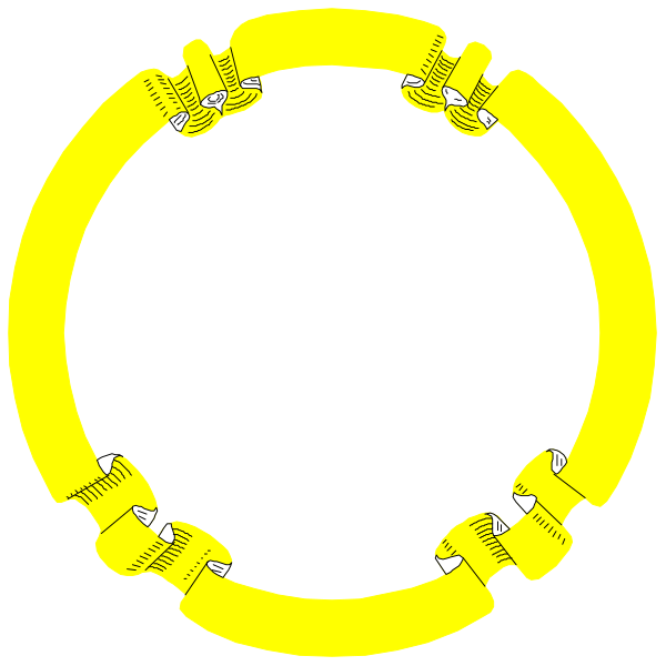 The image shows a yellow circle with two rings of metal clamps around it on either side, forming an oval shape against a black background.