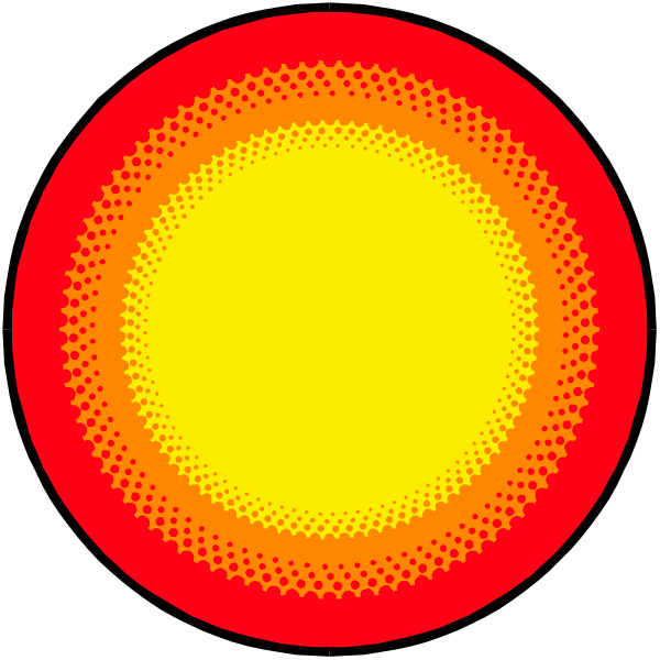 The image shows two red circles with a yellow circle inside them against a black background.