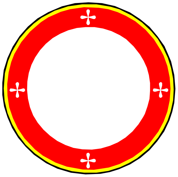 The image shows a red circle with two white crosses on it against a black background.